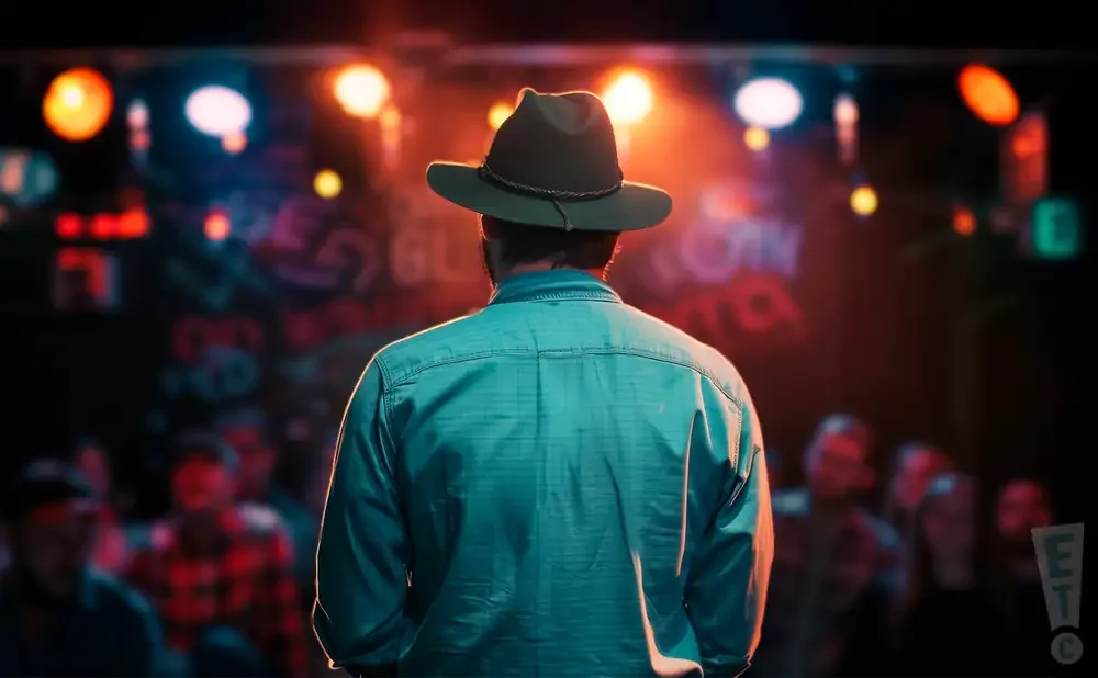 Man wearing a cowboy hat and teal shirt on stage with blurred audience and stage lights.