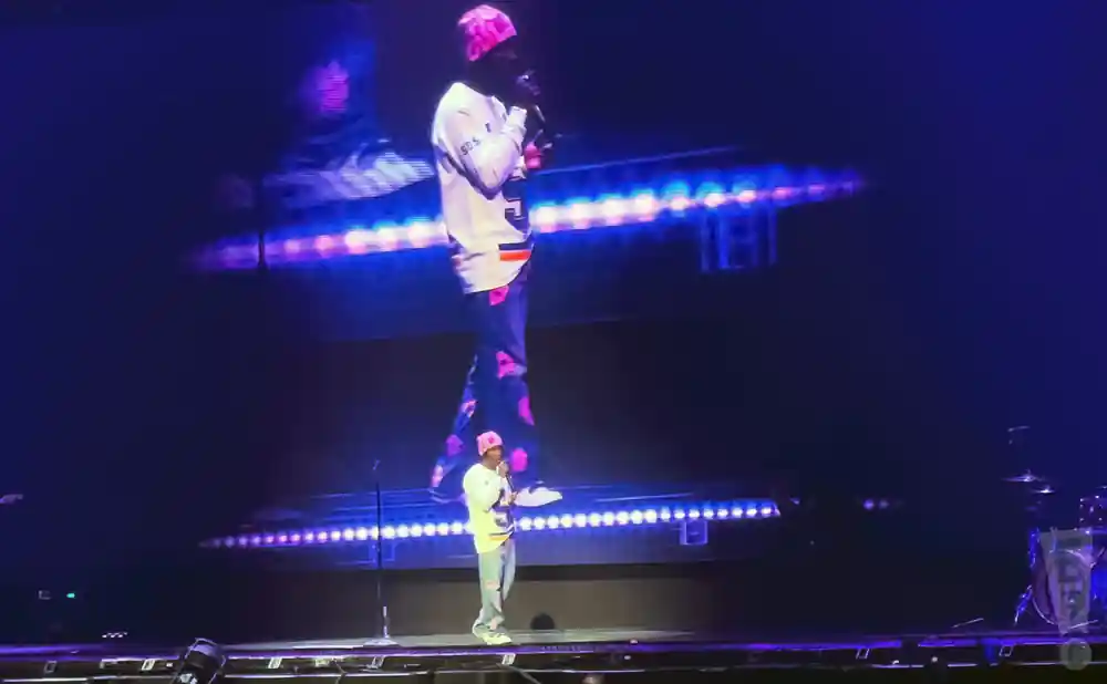 A man wearing a pink beanie and colorful pants performs on stage under bright purple lights.