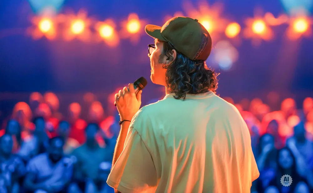 A person in a cap holds a microphone and speaks to a blurry audience under colorful stage lights.