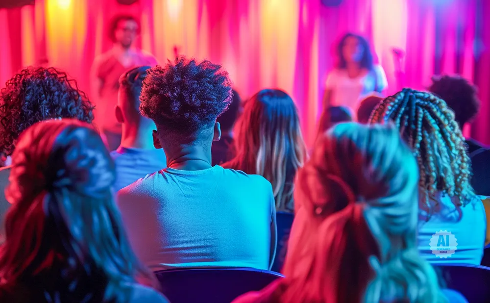 A group of people with their backs to the camera watch a stage lit with pink and yellow lights.