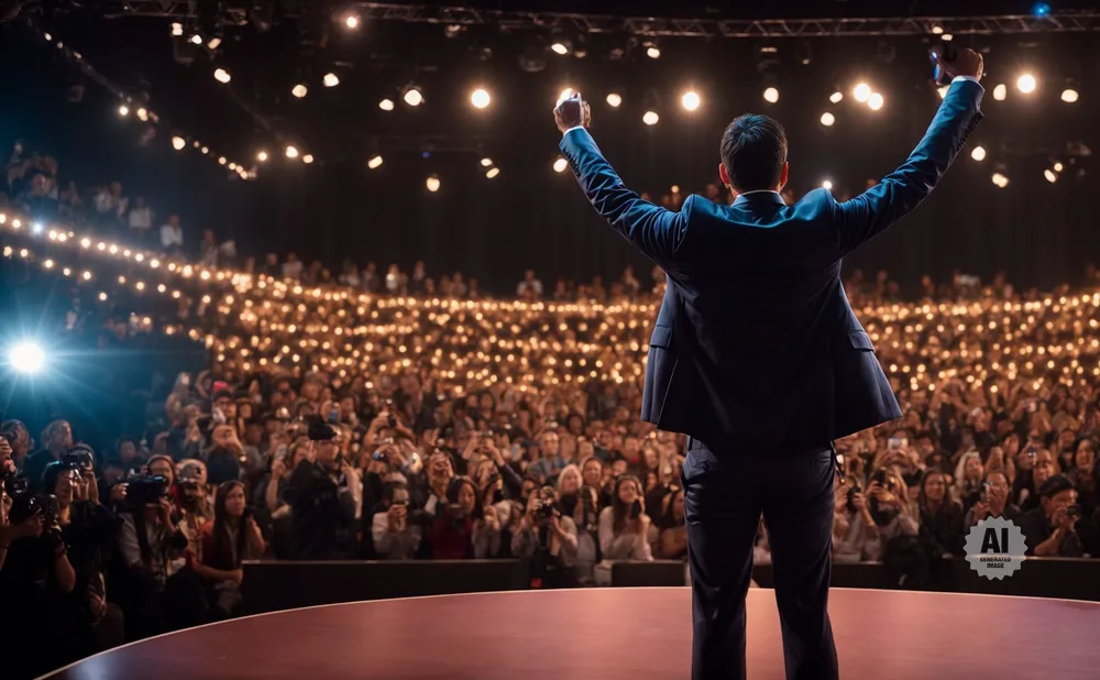 A man in a suit stands on stage with his arms raised to a cheering crowd holding up their phones.