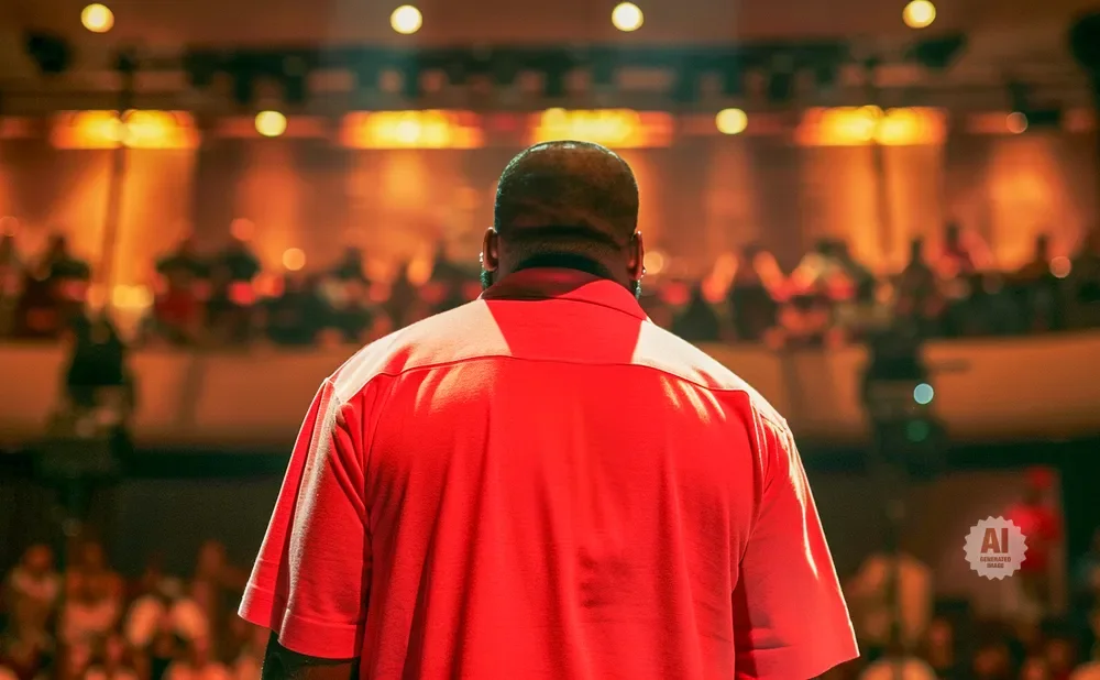 Man in a red shirt seen from behind, facing a blurred audience and stage lights.