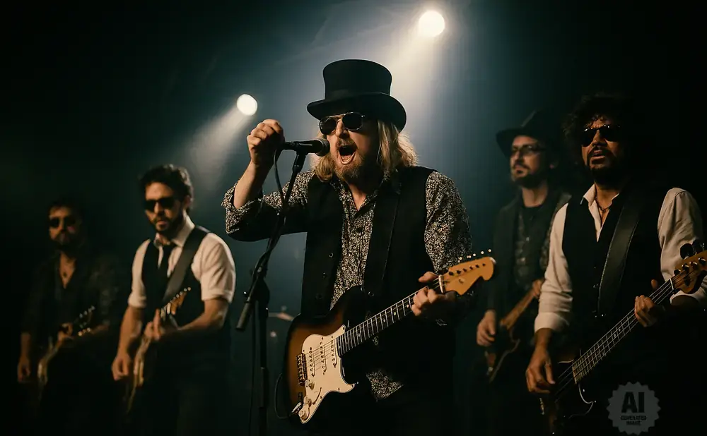 A band performs on stage under spotlights, with the lead singer in a top hat singing into a microphone.