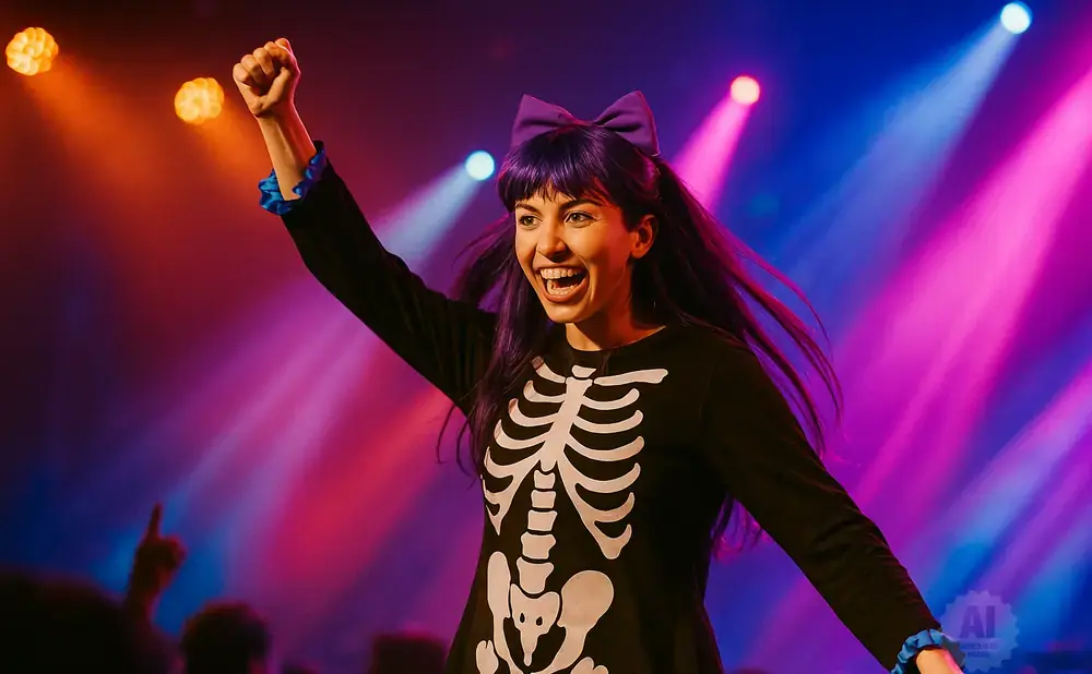 Woman in skeleton costume with purple hair and bow cheers with fist raised on stage with pink and blue lights.