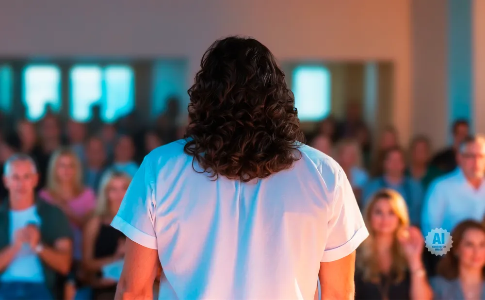 Back of a person with long curly hair speaking to a blurred audience.