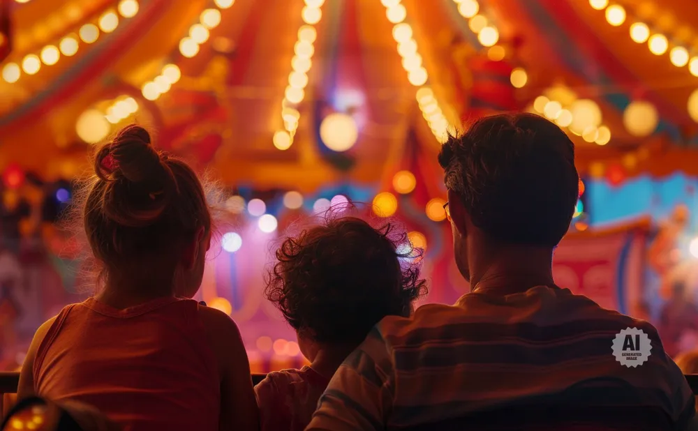 A family watches a colorful carnival ride illuminated by bright lights.