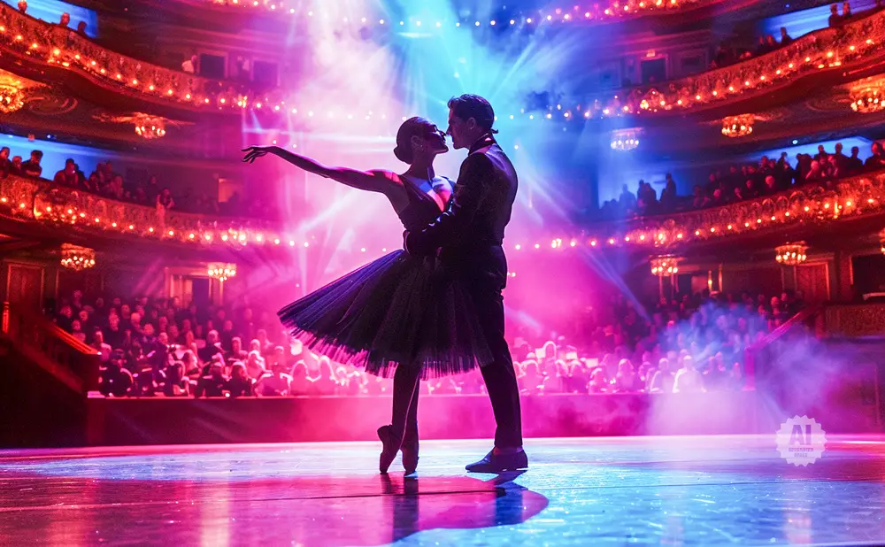 A ballet couple dances on stage in front of a large audience in a grand theater, bathed in dramatic pink and blue spotlights.