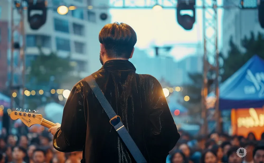 A guitarist plays a Fender guitar on stage in front of a blurred crowd at an outdoor concert.