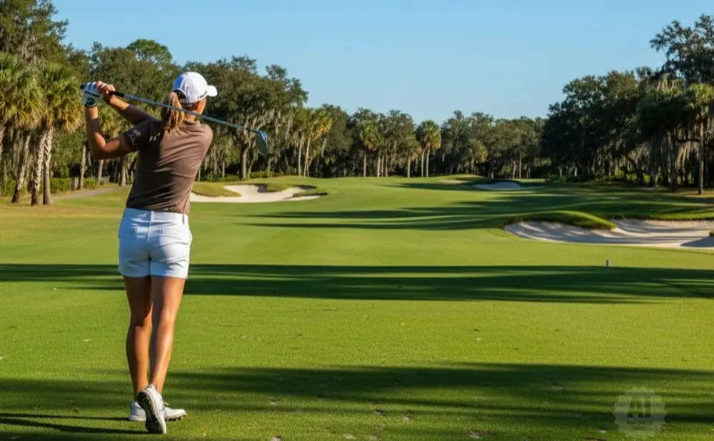 Golfer swings club on a sunny golf course with palm trees and sand traps.