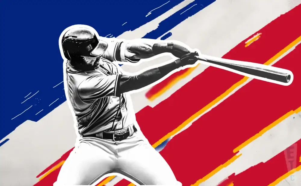 A baseball player swings a bat with a bold red, white, and blue background.