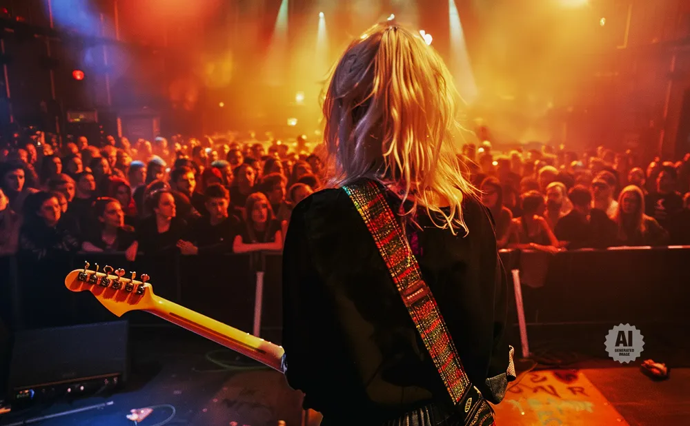 Guitarist performing on stage in front of a large, excited crowd.