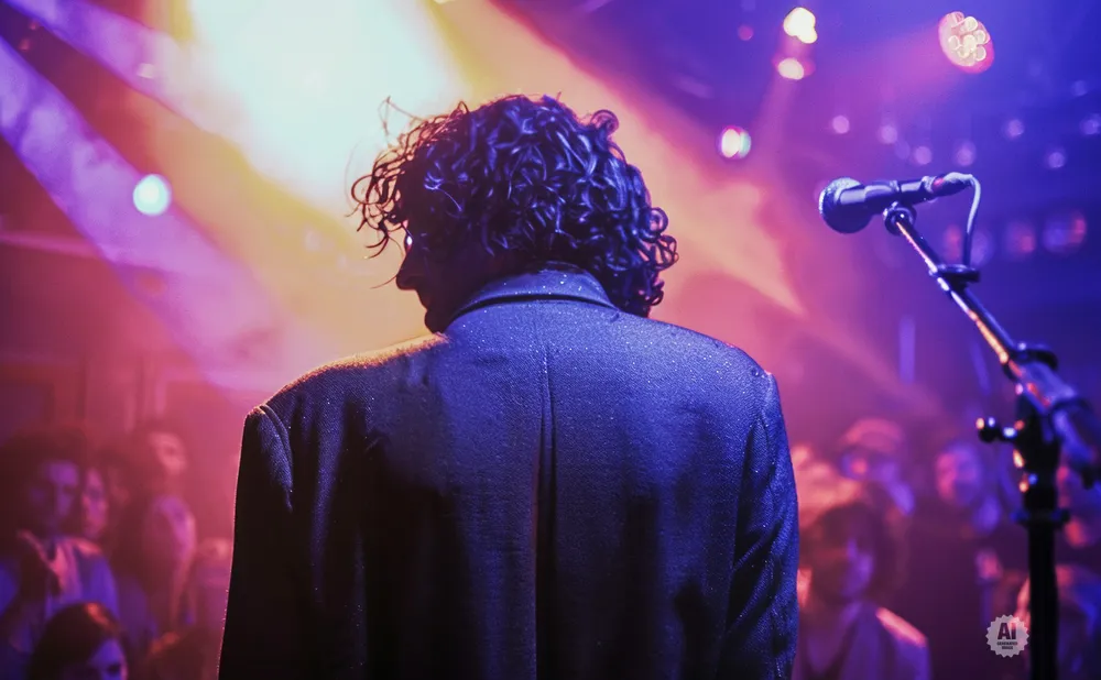 A performer with curly hair stands on a stage, facing away from the camera, bathed in stage lights.