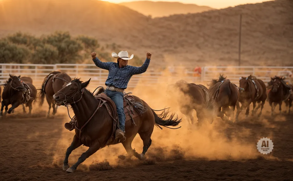 Cowboy on horseback raises arms in victory, kicking up dust in a rodeo at sunset.