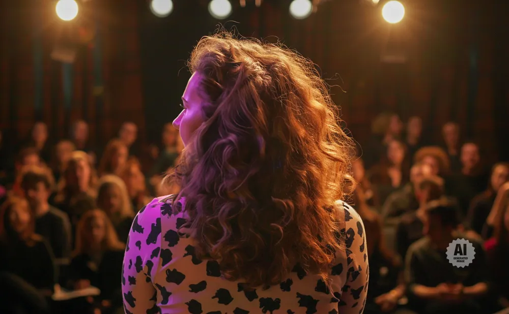 A woman with curly, reddish-brown hair stands facing away from the camera, wearing a patterned top, as she speaks to an audience in a dimly lit room.