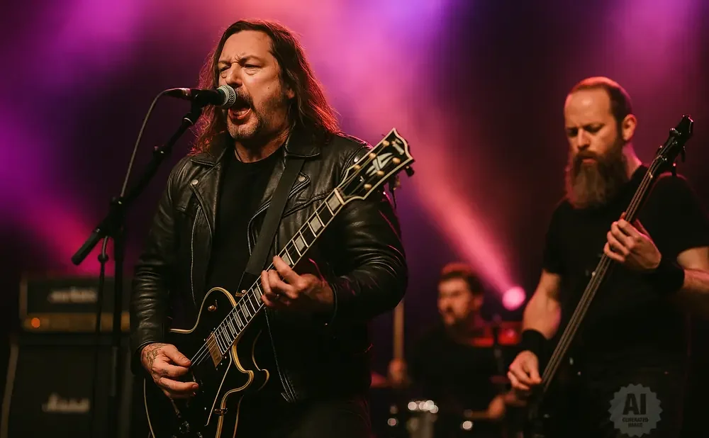 A band performs on a dimly lit stage. The lead singer, in a leather jacket, sings into a microphone while playing a black guitar.