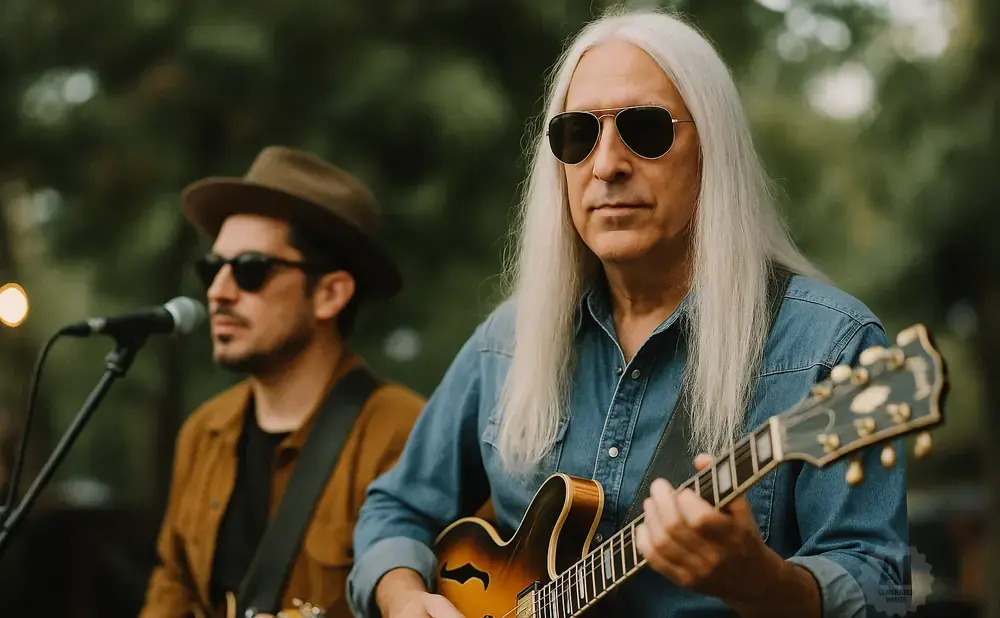 Two men playing guitars outdoors, one with long white hair and sunglasses, the other with a hat and sunglasses.