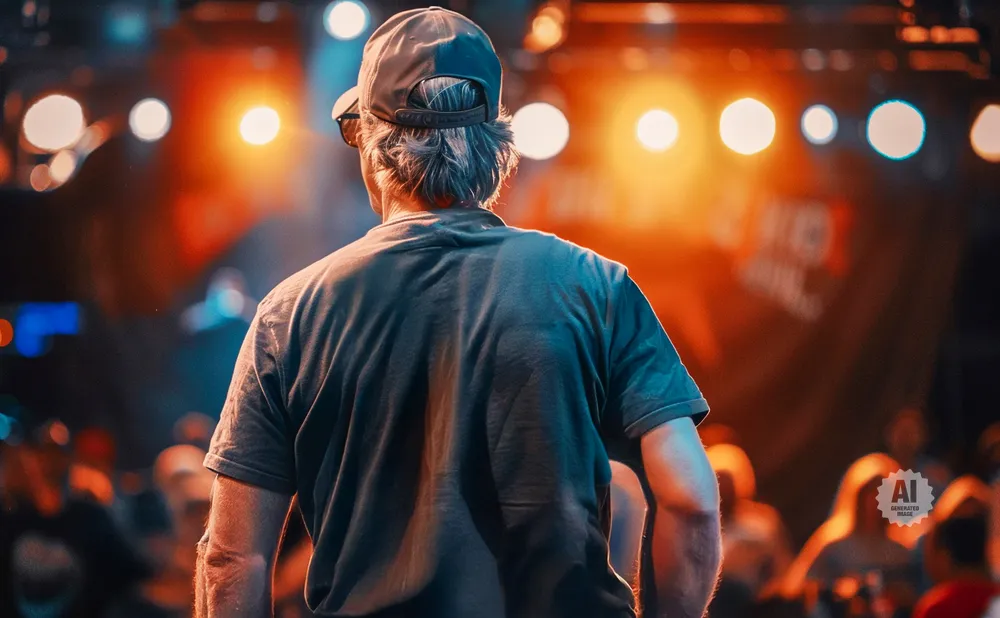 Man wearing a baseball cap and t-shirt faces away from the camera, toward a brightly lit stage with a blurred audience.