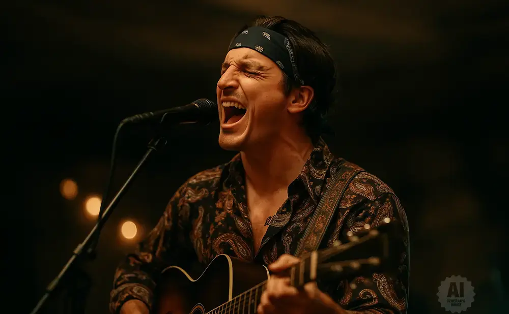 A man with a bandana and a patterned shirt sings into a microphone while playing a guitar.