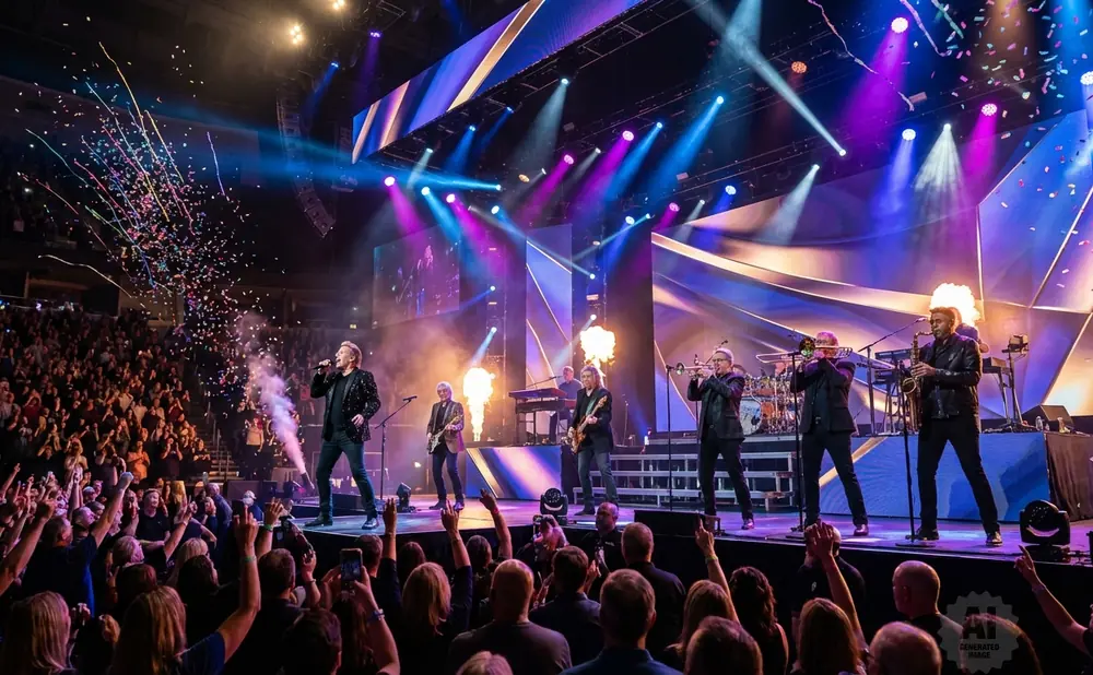 A band performs on stage with a large audience and confetti falling.
