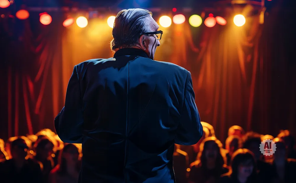 Man in a suit on stage facing an audience, bathed in warm stage lights.