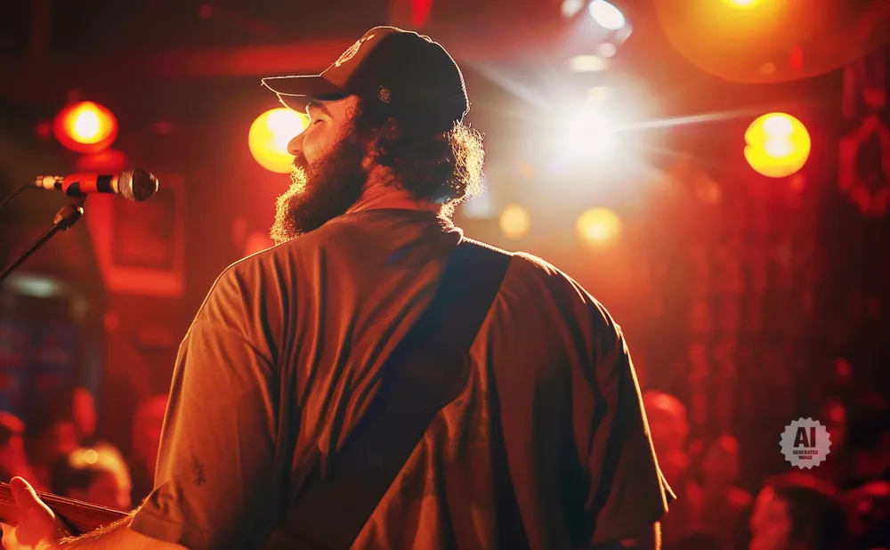 Musician with a beard and cap plays guitar on stage under warm lighting.