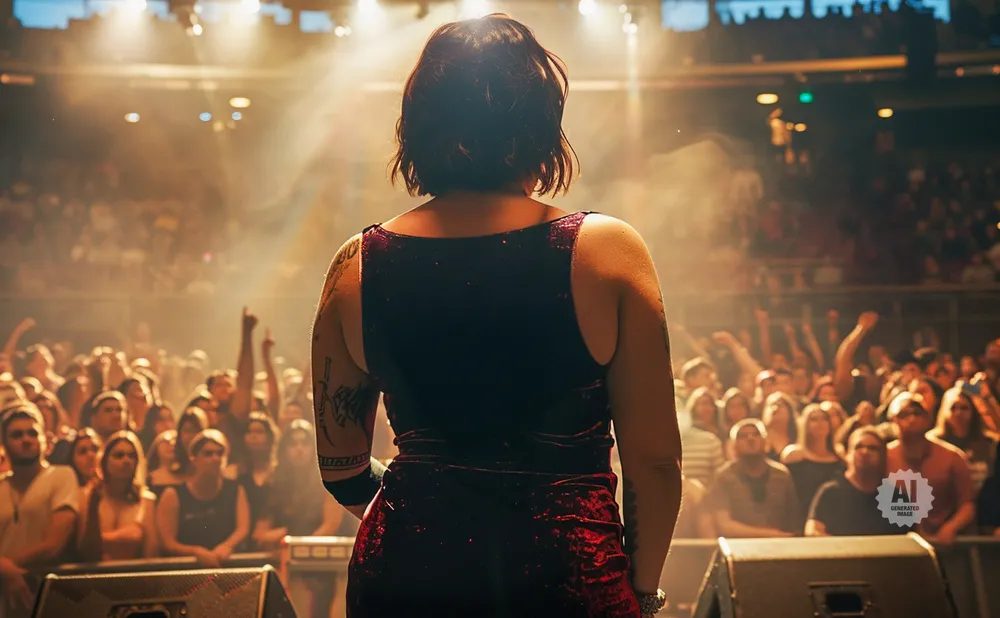 A performer faces away from the camera on a brightly lit stage, looking out at a cheering crowd.