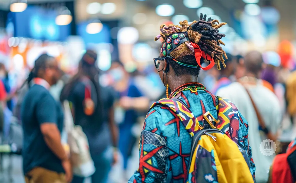 Person with colorful dreadlocks and patterned clothing wearing a backpack in a crowd.
