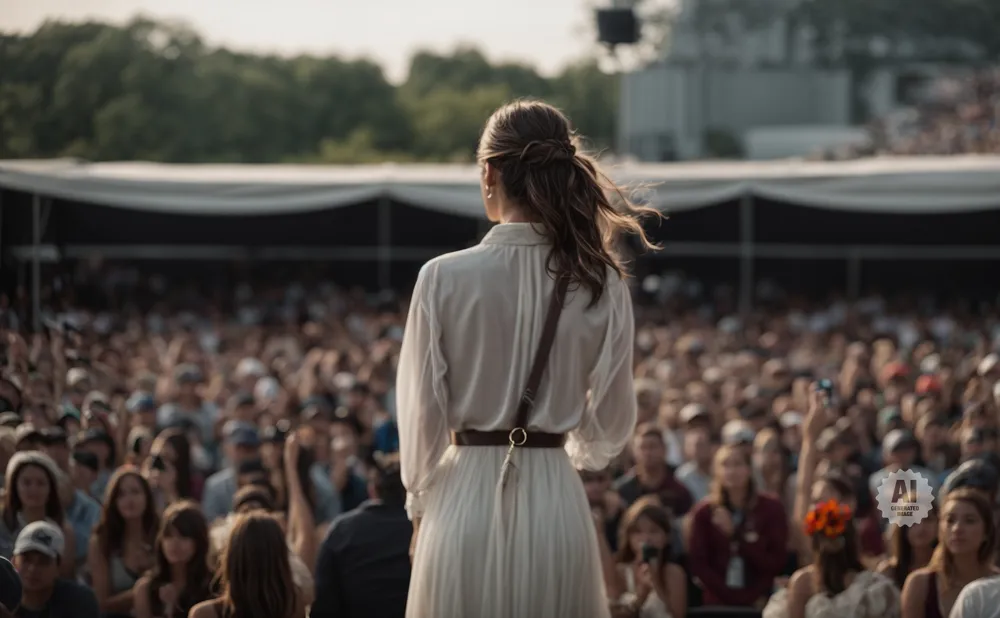 Woman in white dress facing a large, blurred crowd at an outdoor concert.