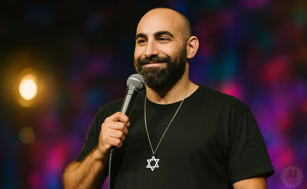 A bald man with a beard smiles holding a microphone and wears a Star of David necklace.