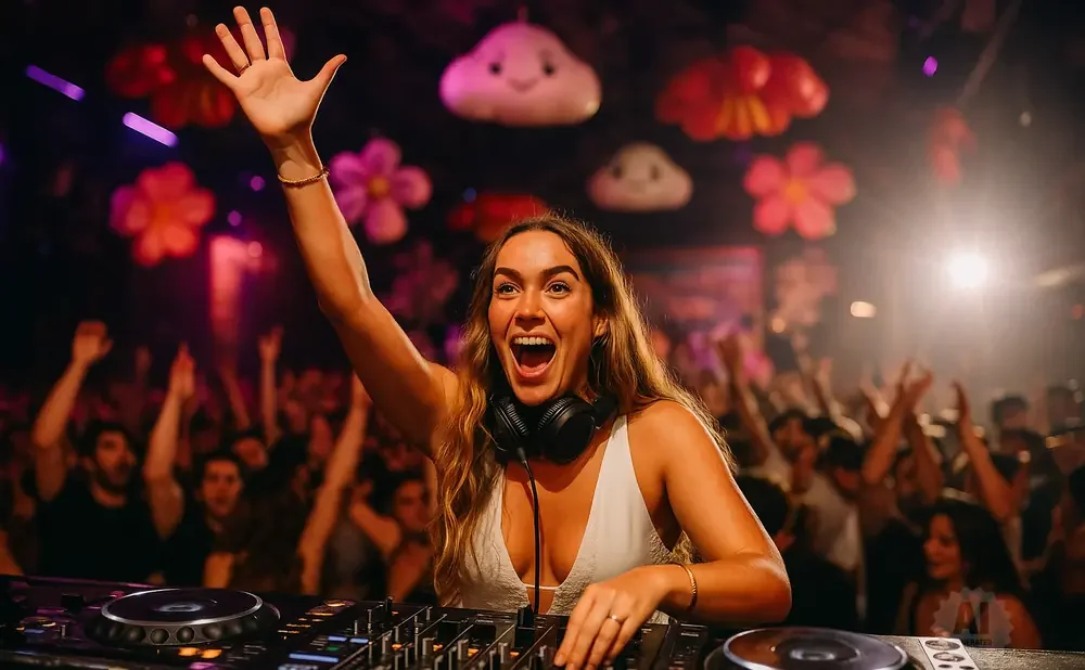 A female DJ with her arm raised, smiling, plays to a cheering crowd in a club with colorful decorations.