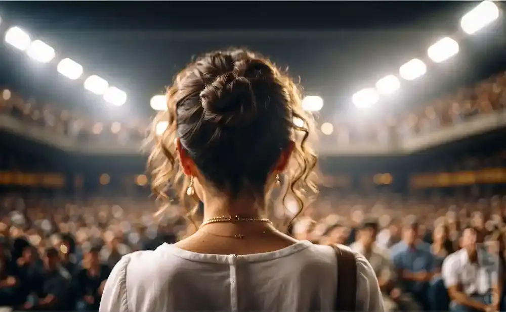 Woman with hair in a bun and gold jewelry faces a large audience, bathed in stage lights.