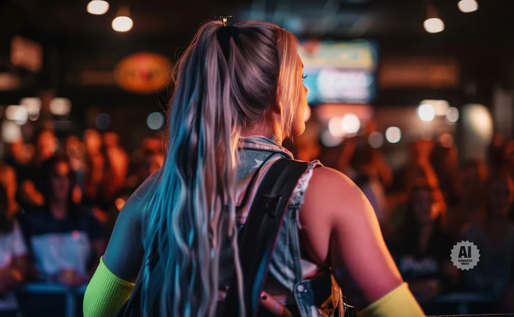 Woman with blonde ponytail and neon yellow armbands playing guitar on stage with blurred crowd and lights.
