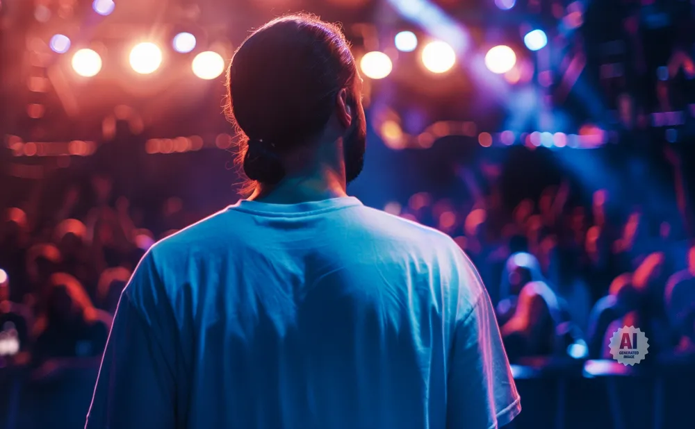 Man in white t-shirt looks out at a concert crowd with stage lights in the background.