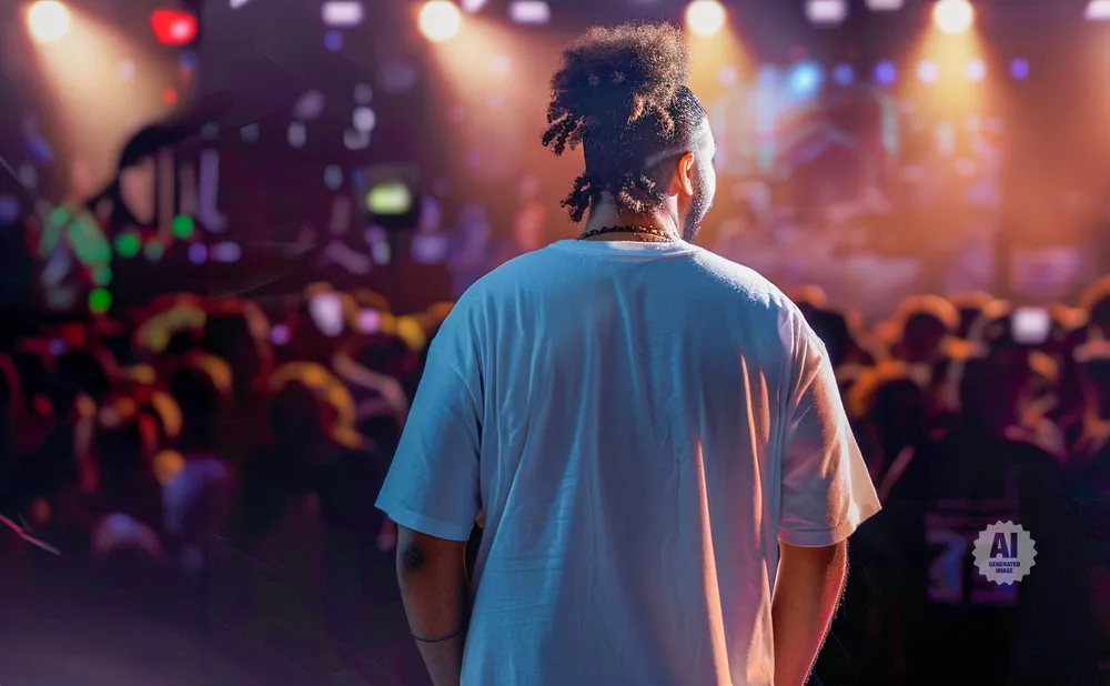 Man with braided hair on stage facing crowd with lights shining.