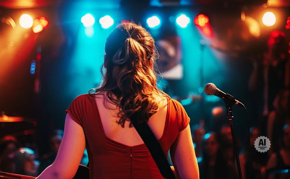 Woman with her back to camera, wearing a red dress, on stage with a microphone and bright lights.