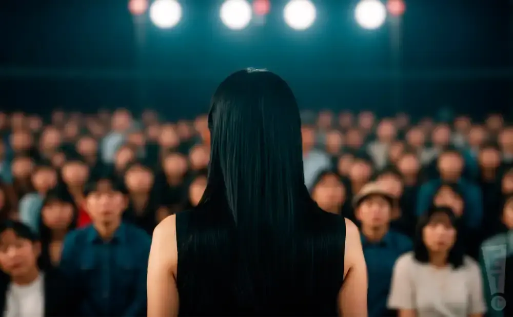 Back view of a person with long black hair speaking to a large, blurred audience.