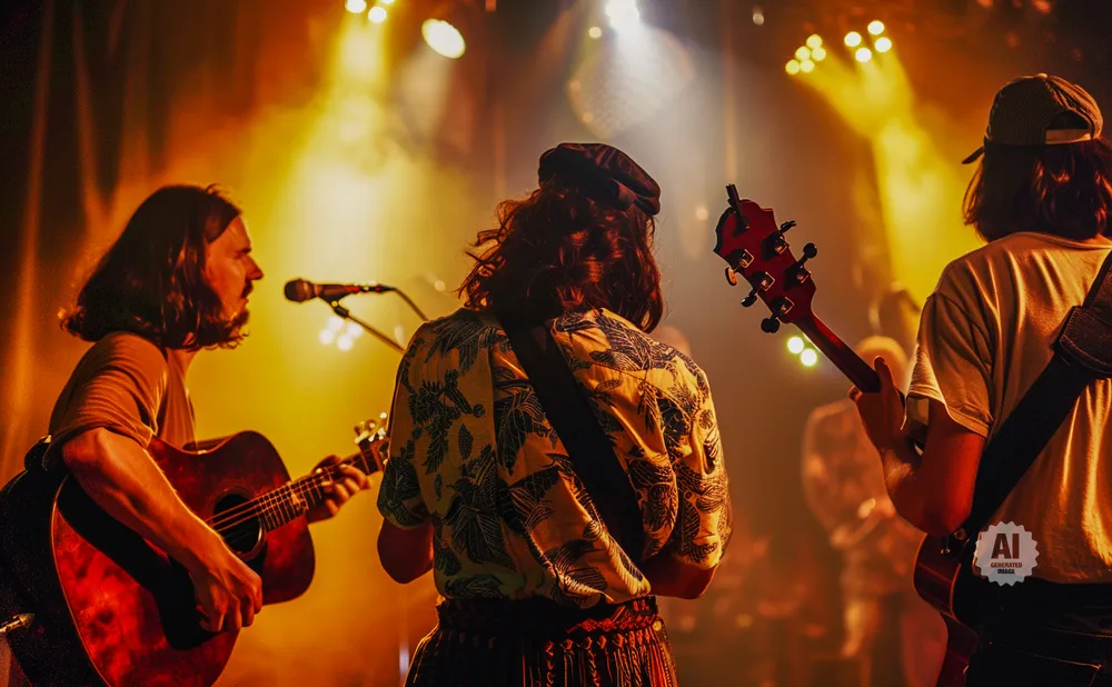 A band performs on stage, bathed in warm stage lights.
