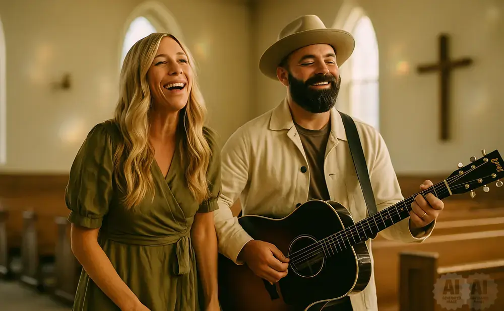 A man with a beard and hat plays an acoustic guitar while a woman laughs beside him in a church.