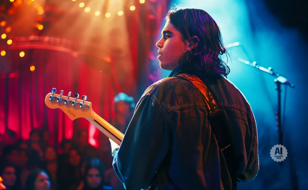 A person plays guitar on stage with red and blue lights.