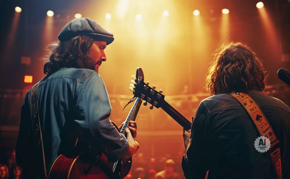 Two guitarists on stage, bathed in warm spotlight, play their instruments.