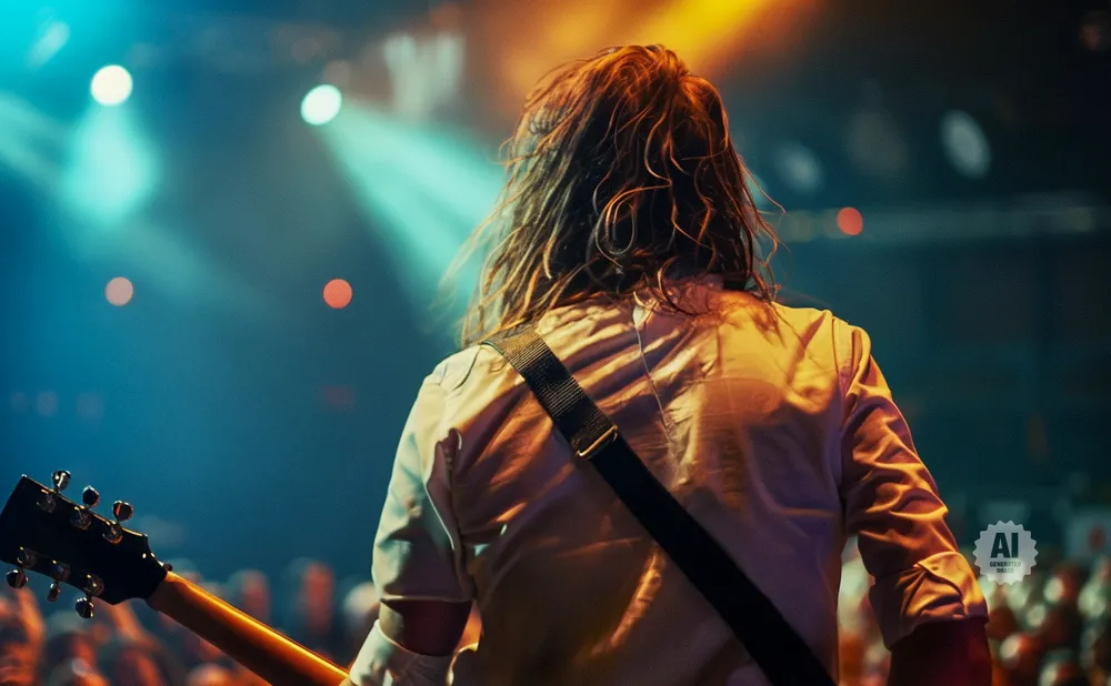 A guitarist with long, wavy hair plays on stage, with bright lights illuminating the scene.