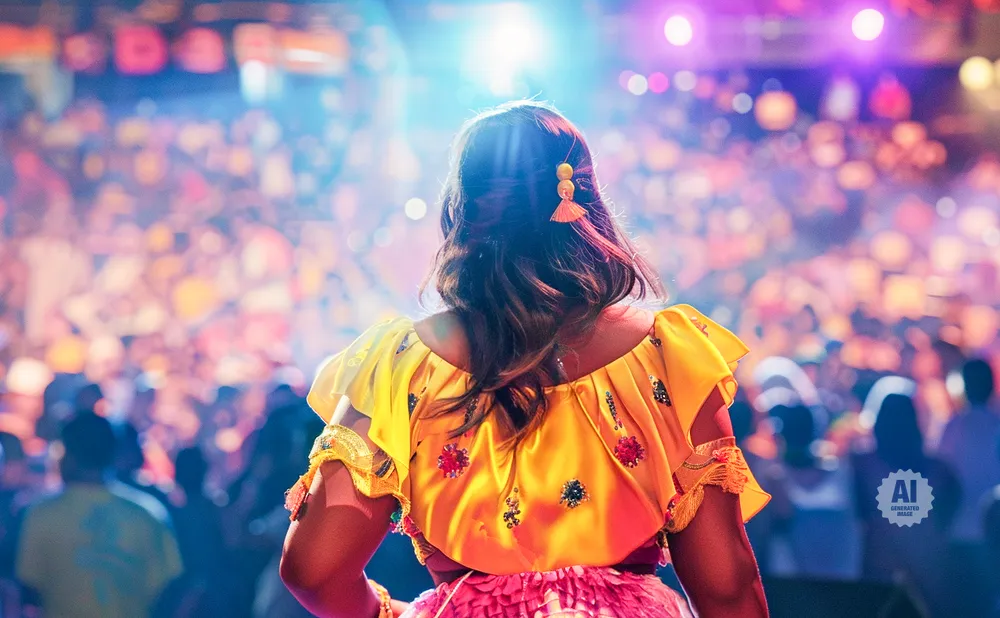 Woman in a yellow dress with colorful embellishments on stage, facing a blurred crowd.