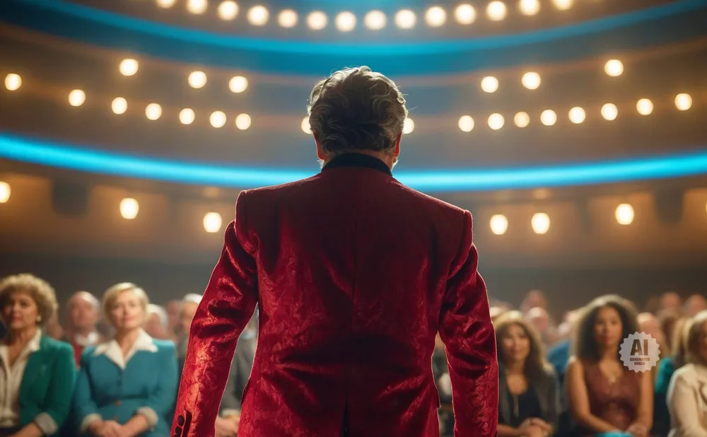 Man in a red suit facing an audience in a theater.