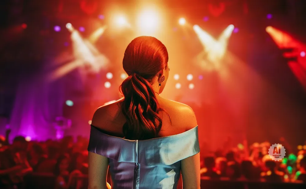 Woman with red hair in a ponytail wears a light blue off-the-shoulder dress on stage, facing a crowd under bright stage lights.