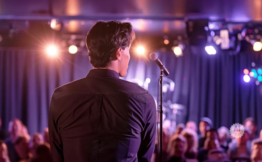 Man in black shirt facing away from camera on stage with microphone, facing audience under bright lights.