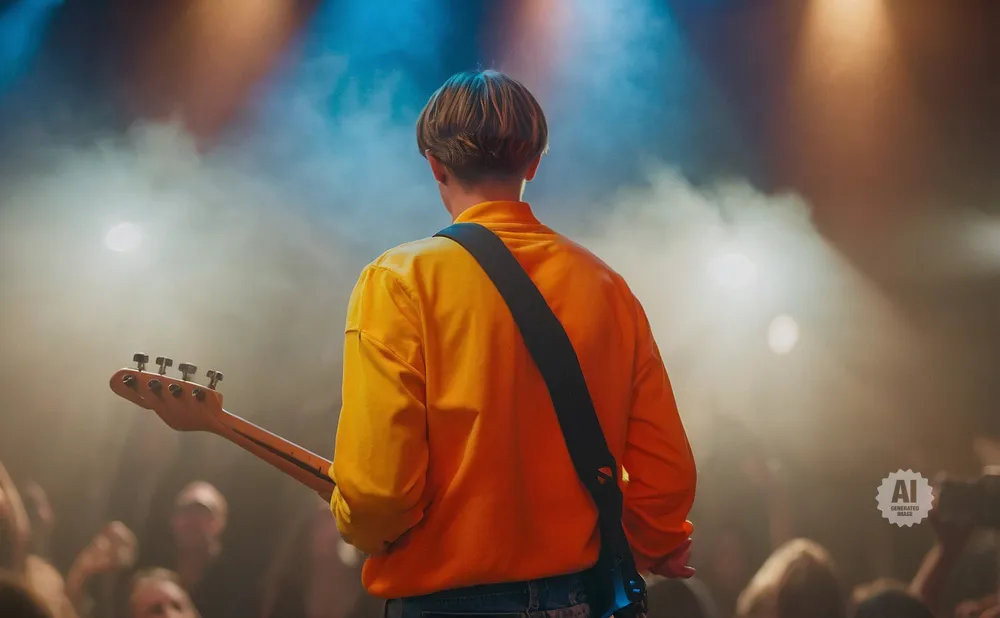 Rear view of a musician in an orange sweatshirt playing guitar on stage with a smoky, lit background.