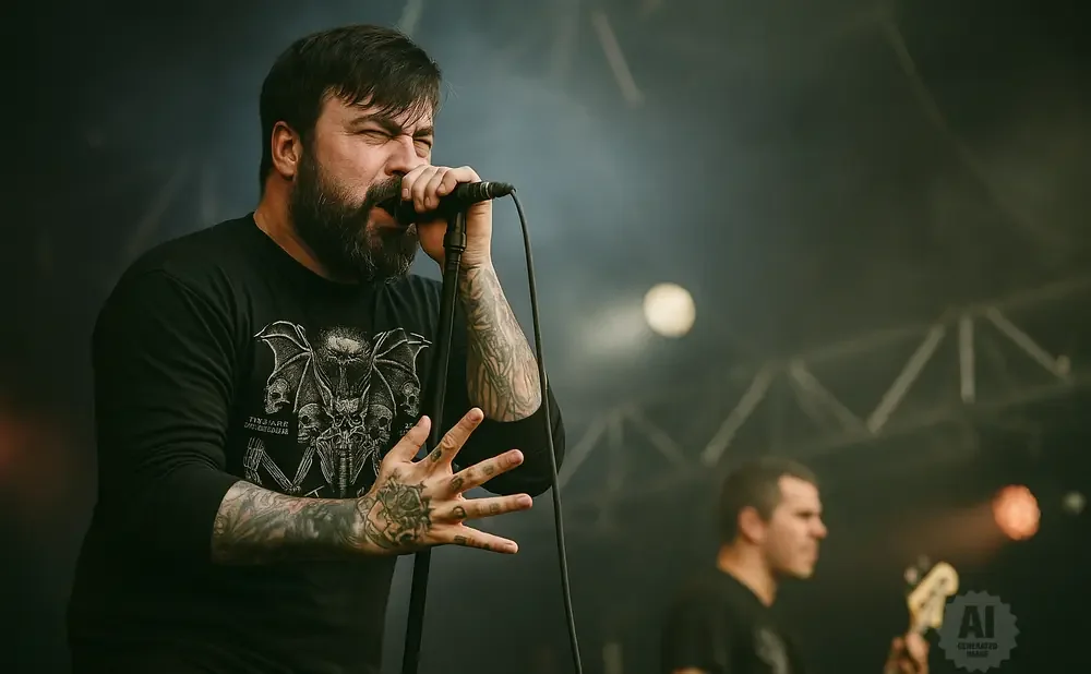 A man with a beard and tattoos sings into a microphone on stage, with a blurred bandmate in the background.