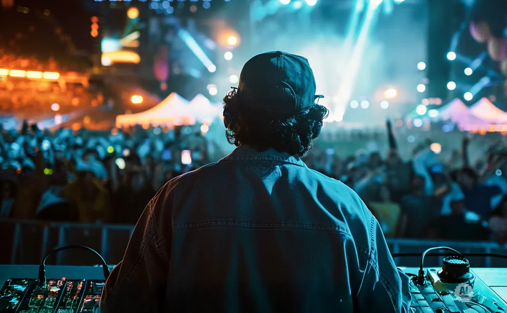 DJ performing at a lively outdoor concert with a cheering crowd.