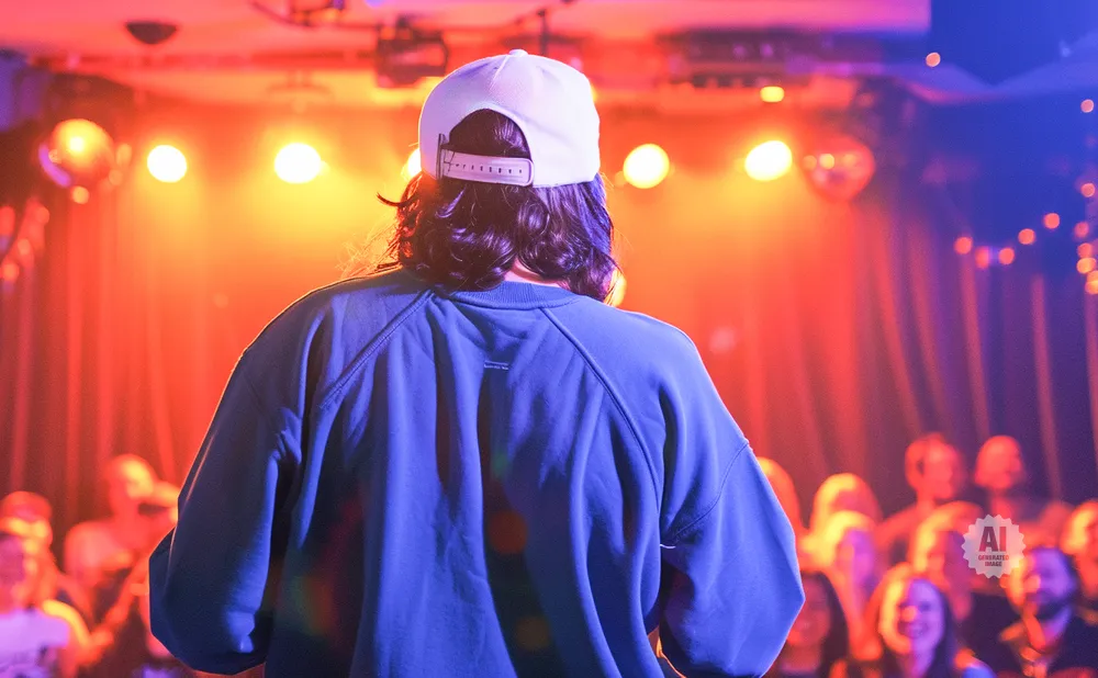 A person with a backwards baseball cap stands on a stage, facing away from the camera, with a blurred audience in the background.