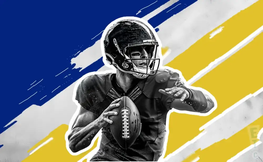 A black and white image of a football quarterback in uniform holding a football, with blue and yellow streaks in the background.